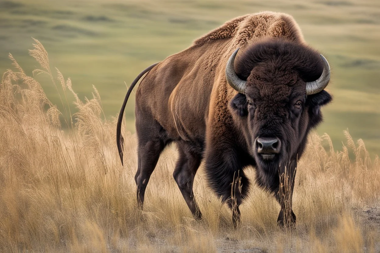 Bison walking uphill towards viewer's right, prairie grasses in foreground, background fades out to completely white