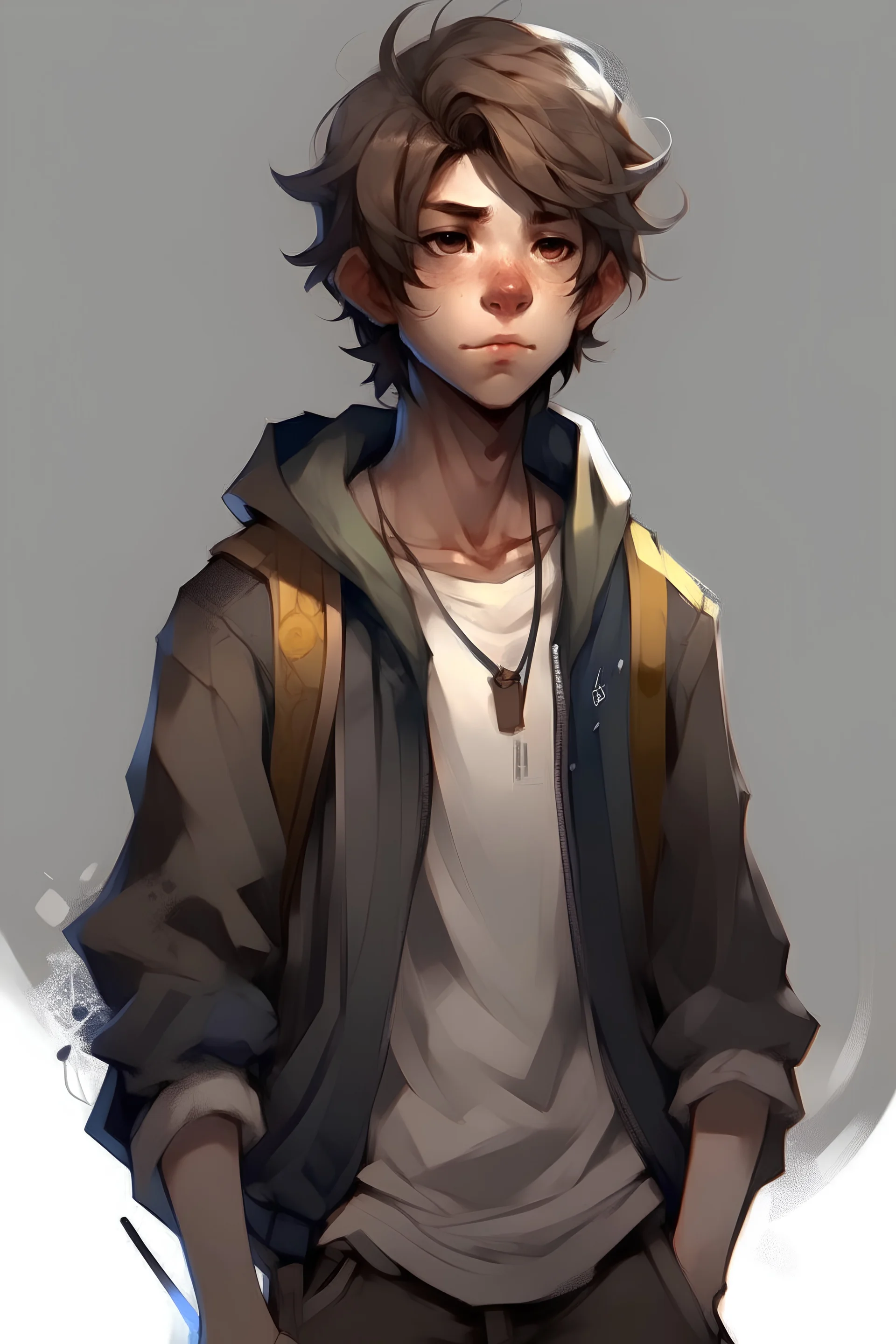 Picture me a game character that doesn't exist yet in the world In nicer clothes and from further away to be seen from head to toe A little closer to reality hayperrealistic The character should be a boy in nicer clothes with messy hair
