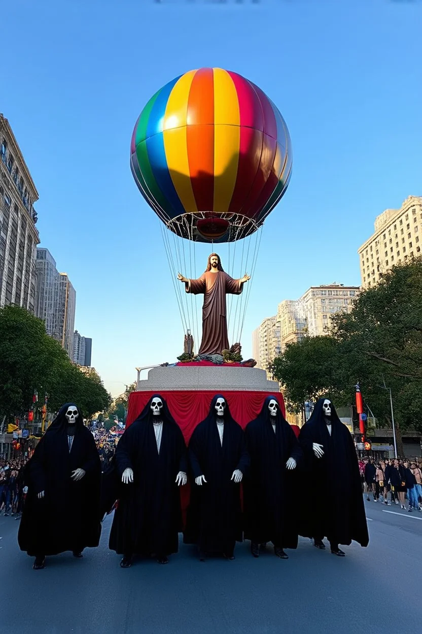 200 ft tall floating cartoonish Jesus rendition hot air balloon pulled by multiple grim reapers, multi colored, bright, vivid, psychedelic, high detailed, high gloss, insanely detailed, matte, horrorcore, lining the street, unsettling contrast, monument to death, live action shot grim reaper parade, pulling a jesus parade float