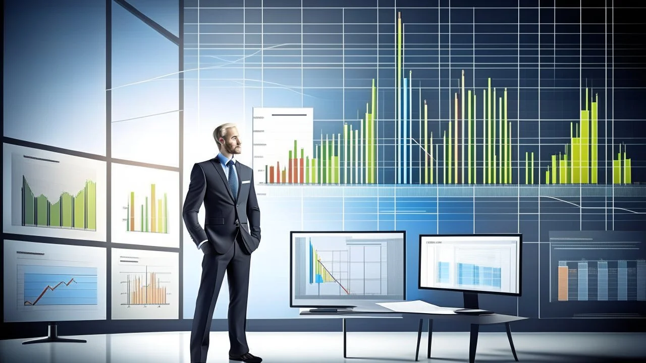 The image represents the success and prosperity of businesses and investments in 2024. It features a confident businessman standing with paper charts and a large screen displaying financial data and profitable projects. The image reflects a promising future vision for business and investment in the coming year, where successful projects can achieve significant financial success.