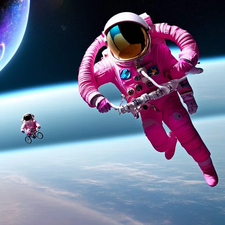 astronaut in pink suit flying through space on a bicycle in the style of Disney Pixar