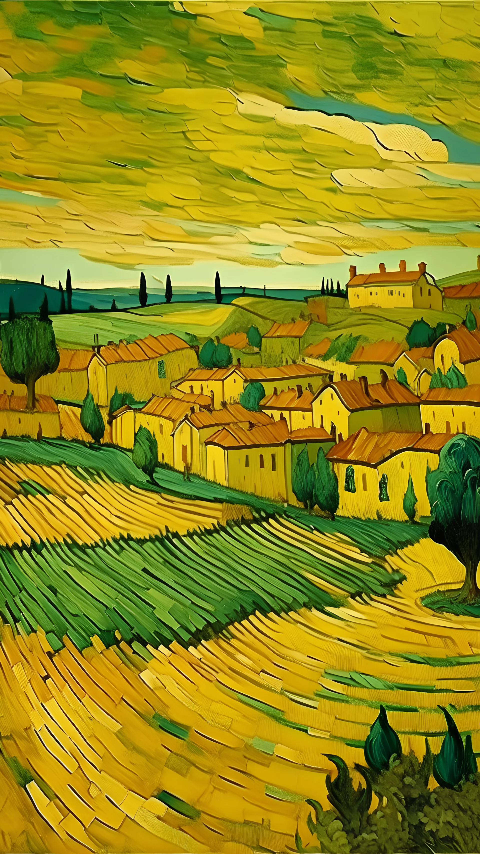 A small orangish yellow city near a field painted by Vincent van Gogh