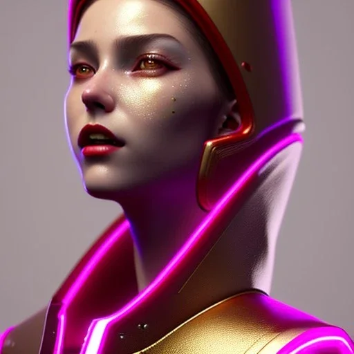 Spanish woman, painted face, rounded face, glow, trap style, red, gold, pink, cold, latex coat, leather, nose piercing, soft color, highly detailed, art stations, concept art, smooth, unreal engine 5, god rays, ray tracing, RTX, lumen lighting, ultra detail, volumetric lighting, 3d, finely drawn, high definition, high resolution, neon background.