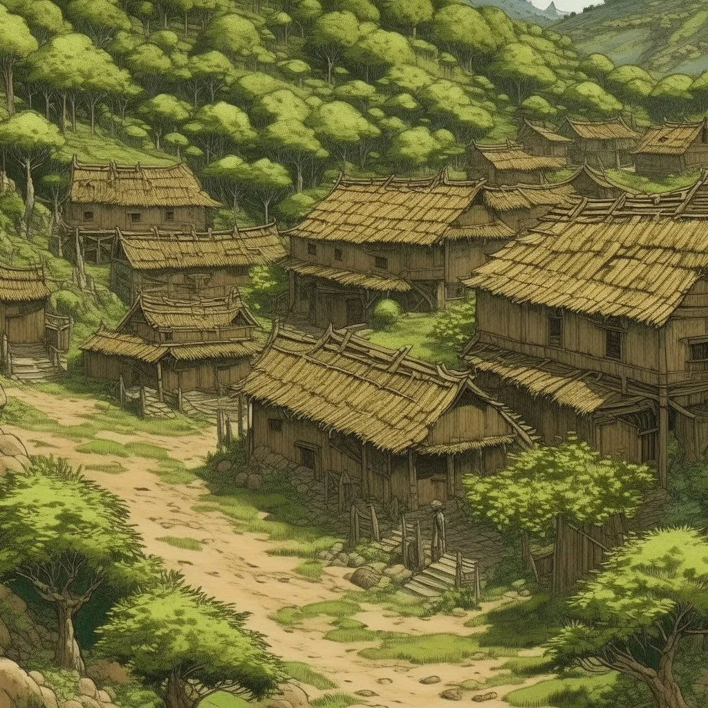 A brown underground mining village covered in vines painted by Hashimoto Gaho