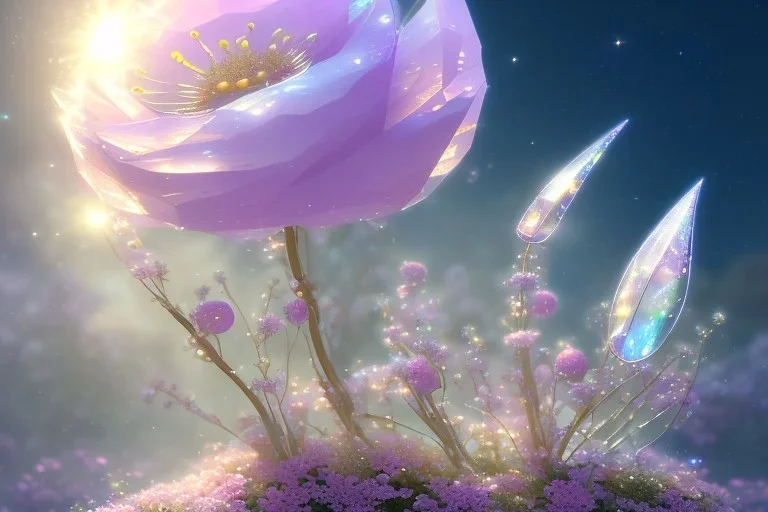 one big crystal subtle flower in a galactic ambiance, transparent petals, delicate colors, in the foreground, with a very little beautiful fairy, full of details, smooth, bright sunshine，soft light atmosphere, light effect，vaporwave colorful, concept art, smooth, extremely sharp detail, finely tuned detail, ultra high definition, 8 k, unreal engine 5, ultra sharp focus