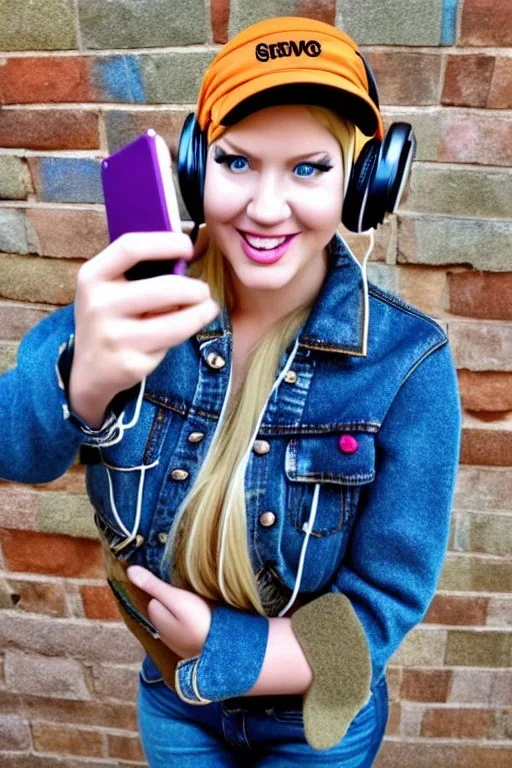 blonde taking selfie.thick thighs,thick calves,flat belly,curvy fell. Mantle is sewed of upcycled Denim and it is sewed together of camouflage pieces, whose color are all denim colors, orange, cream and purple. Big colored headphones (gold rings!) is merged with small felt cap with small visor. It is with big bright purple felt tippet and birght-colored-hood is merged with colorful beanie. Style: Haute Couture, 1980's Finland, N.Y.C fashion in 2023