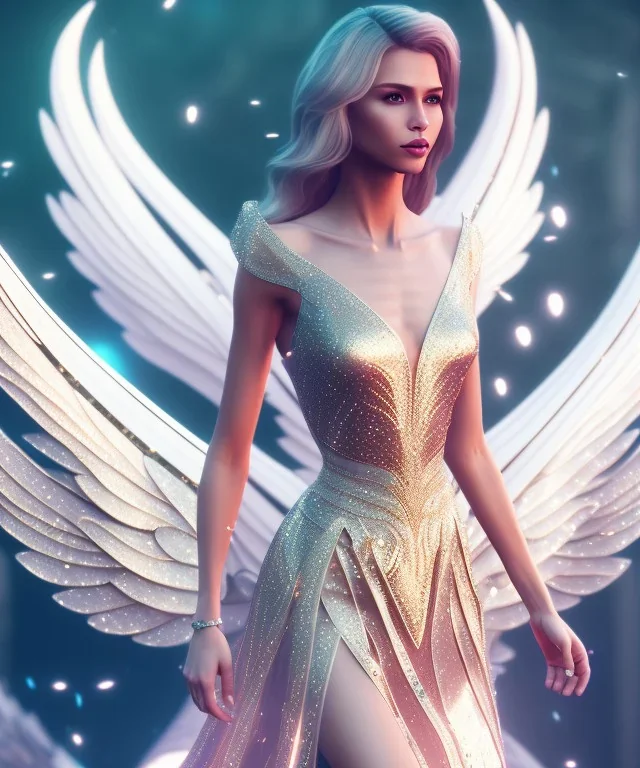 A crystalised queen, atmospheric, realistic, unreal engine, cinematic lighting, octane render, transparent long dress, blonde, full body, bright wings, smile, long hair