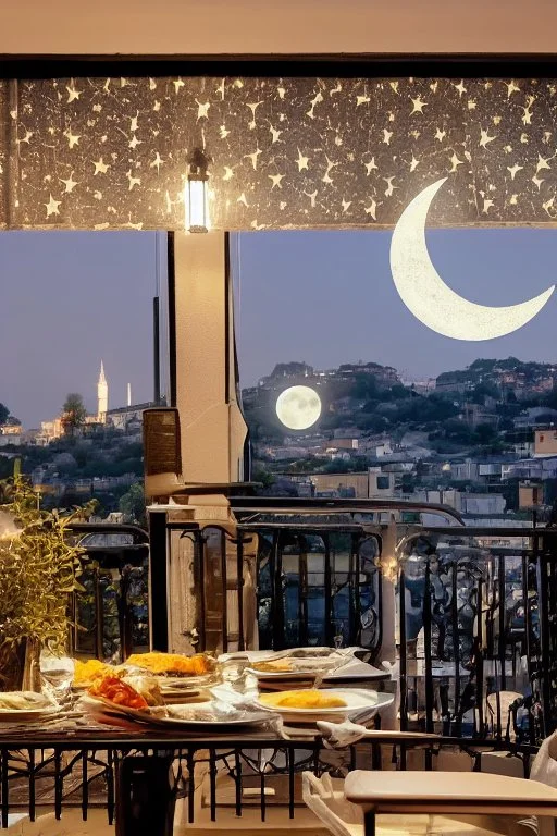 It's a starry night, with a luminous crescent moon, and from the balcony of an elegant luxury apartment, a view of a city with a hill and a river, lights in the windows of the houses. On the balcony, a dining table with a tray with a bird pattern, pizza and wine in starlight