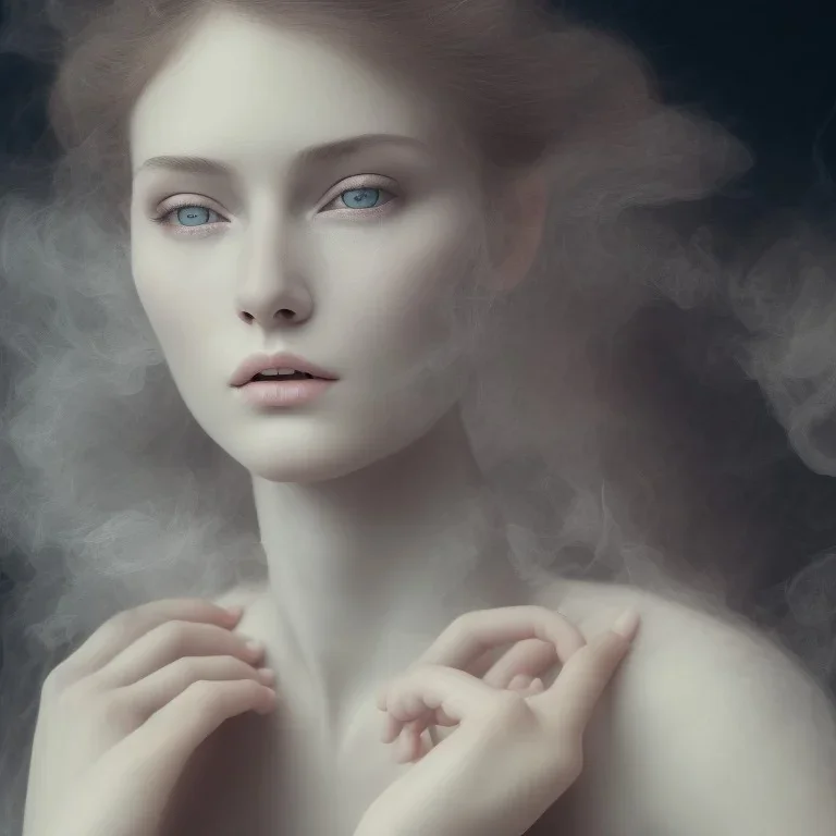 portrait photography of ethereal beauty, 8K, Portrait of a woman by Michelangelo, close-up face, average face, a dreary dark atmosphere, misty smoke, trees