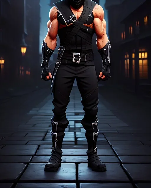 muscular ninja assassin, athletic build, wearing black and gray baggy pants with pockets, black hood and black balaclava mask, big boots, buckles, straps, daggers, dark hazel eyes, eyes are both in proportion and green, 3/4 look, standing, dark cobblestone alley, candle light behind head, intense, non photorealistic rendering in the art style of j.scott campbell