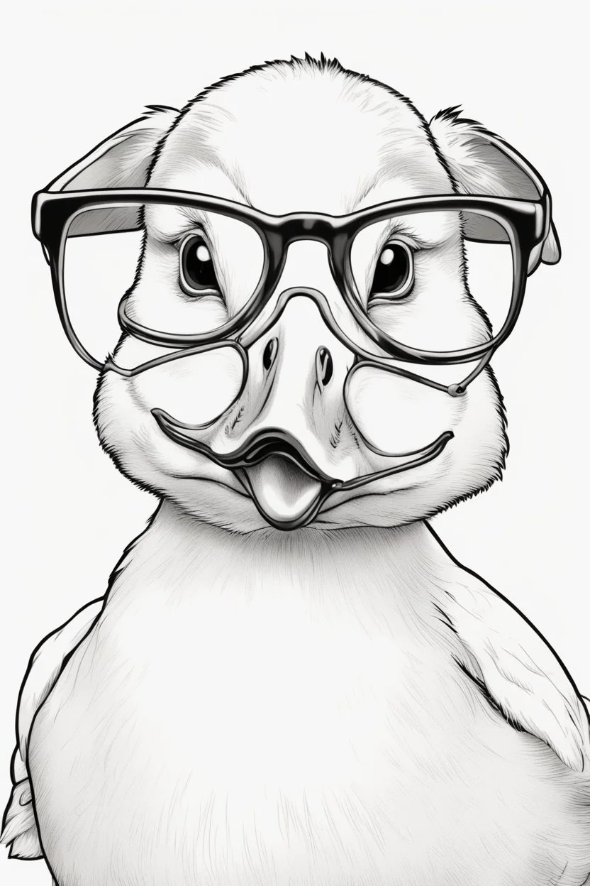 Outline art for cute coloring pages with duck with glasses, full body, white background, sketch style, only use outline, clean line art, no shadows and clear and well outlined.