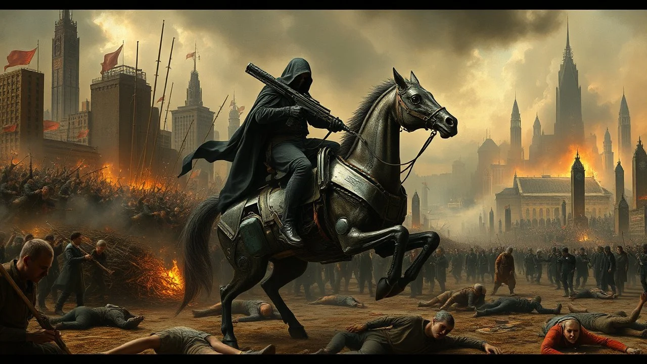detalied cyberpunk interpretation of Bruegel's "The Triumph of Death", capturing the symbolic "harvest" of humanity. this is terror. A dystopian metropolis under smog sky, cybernetic soliders reapers are executing physical harvest many of humans citizens killed army of cyberwarrior androids and robotic soliders, many panicking run away people ,many bodies lying on the ground. a cyber-death warrior in black hood with futuristic gun on an mechanical robotic horse, thriller, detailed, cinematic