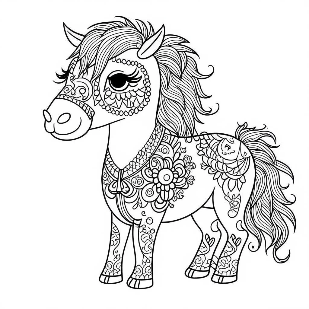 coloring page, mandala baby horse, happy, cute animals, full view, realistic, only draw lines, clean line art, –no sketch, color, –ar 3:4, white background, minimalistic black lines, minimal black color, low level black colors, coloring page, avoid thick black colors, thin black line art, avoid colors, perfect shape lines, perfect clear lines,