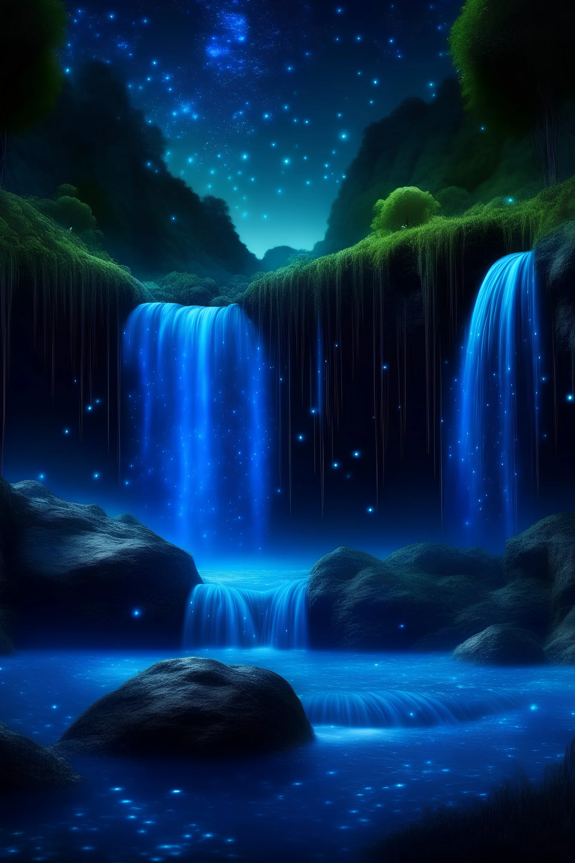 blue crystal forest with waterfalls, falling stars, aesthetically pleasing, beautiful, realistic, close-up, professional photo, 4k, high resolution, high detail, 30mm lens, 1/250s, f/2.8, ISO 100, dim lighting, soft lighting, neon lighting