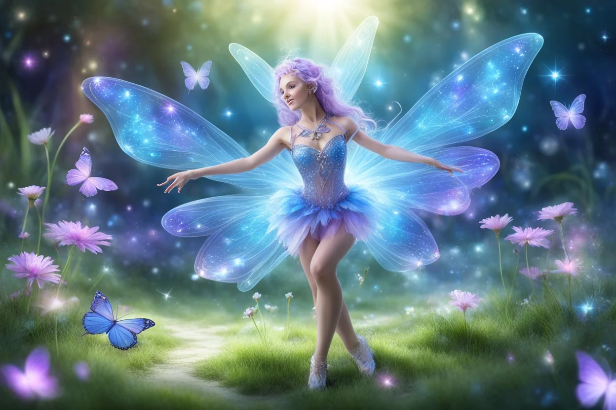 a cosmic fairy dancer dancing in a magical lawn with a crystal creek and fairy butterfly