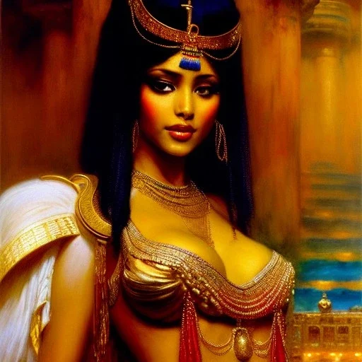 Drawing of beautiful face,busty 'cleopatra',throne,hieroglyphics,balanciaga fashion clothe painting by gaston bussiere, greg rutkowski, yoji shinkawa, yoshitaka amano, tsutomu nihei, donato giancola, tim hildebrandt, oil on canvas, cinematic composition, extreme detail,fit full head inside picture,16k