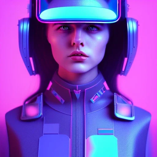 woman teenager, army helmet, retro futuristic, braun design, leather dress, gradient color, BLUE, PINK, CYAN, neon, insanely detailed, 16k resolution, perfect eyes, cinematic smooth, intricate detail