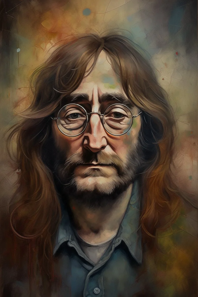 an expressive painting of John Lennon with long hair and beard , and glasses, we might see a companion with features of absolute strength and determination, blended with warmth and deep faith. Perhaps her face expresses wisdom and courage, with eyes radiating confidence and faith.