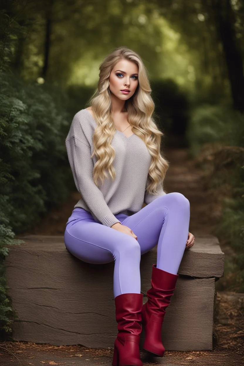 beautiful 18 year old girl with ash blonde hair and blue eyes with her curvy hair down, wearing a long-sleeved woollen top, and lilac long leggings, with long red boots full body shot