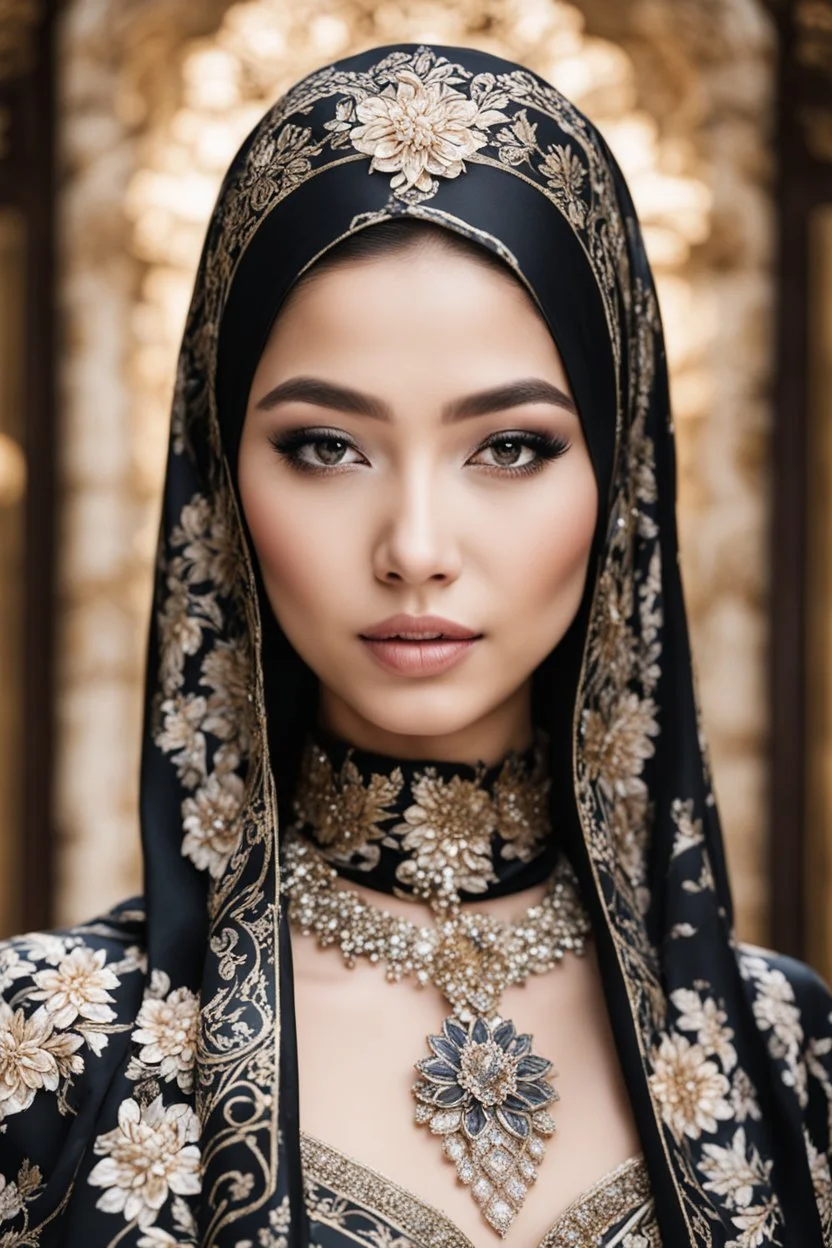 Gorgeous Realistic Photography Super model Asian europe as Beautiful hijab girl dressing Batik pattern flowers gown luxury black and jewelry,luxury palace background, close-up portrait