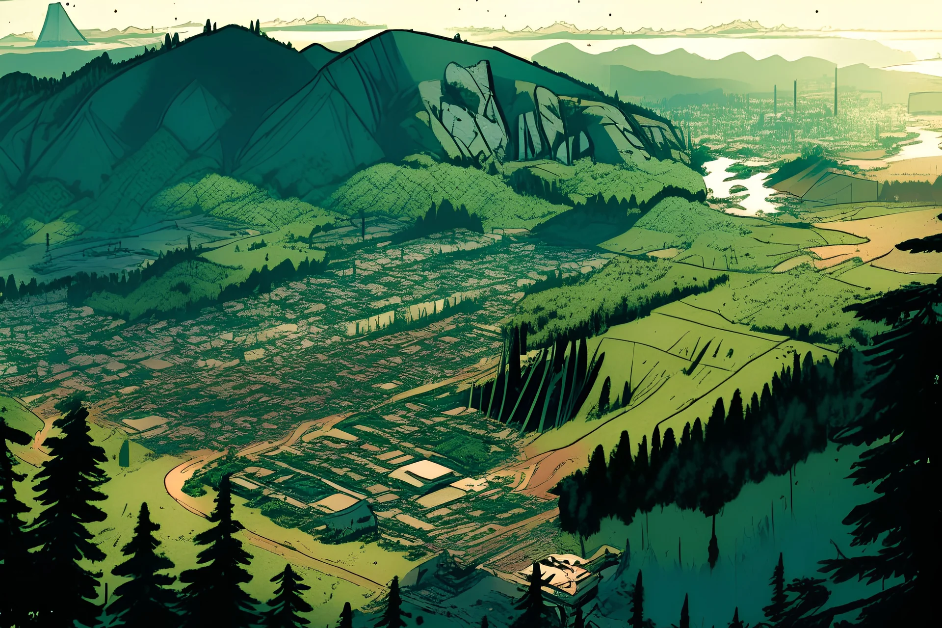 aerial view of a forest, a hill, moutain, with a factory and a city in the background, comic book, post -apocalypse