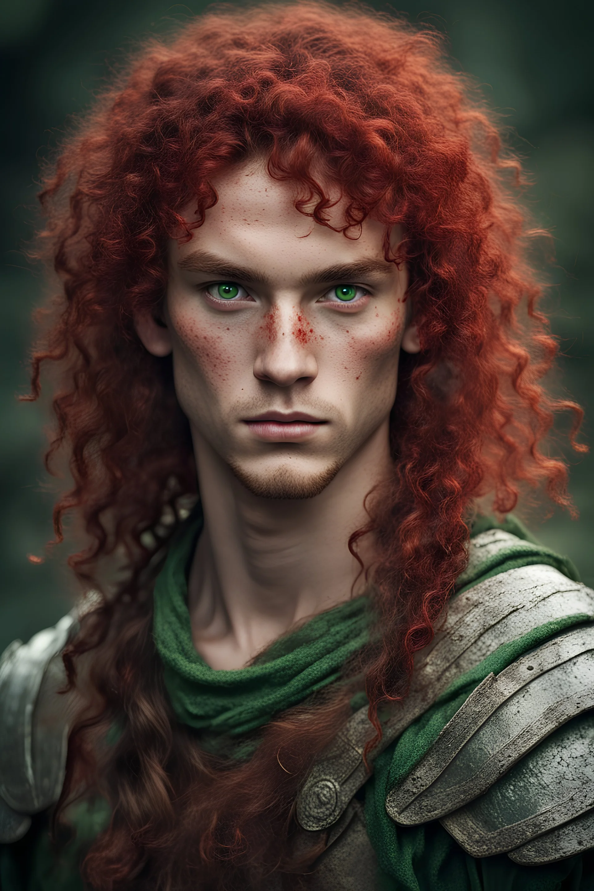 Young warrior from an ancient era, green eyes, with freckles. Blood red, curly hair. With a challenging gaze.