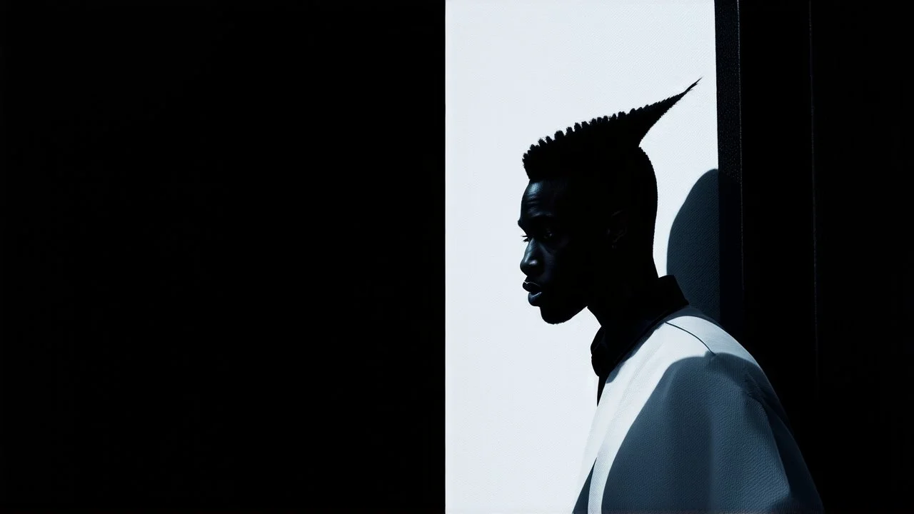 split image; left image: acrylic minimal of an african cyberpunk wizard with mohawk; right image: shadows cast on wall of black glass slabs; overheat, dramatic, cinematic, sudden jolt dynamics, cyberpunk wear, afro-futurism, sharp shadows, harsh contrasts, great verticals, great parallels, great reflections, unsettling shadows, surreal futurist architecture art, surreal liminal space, tribal style, tribal vibe, tribal patterns, vivid black colors