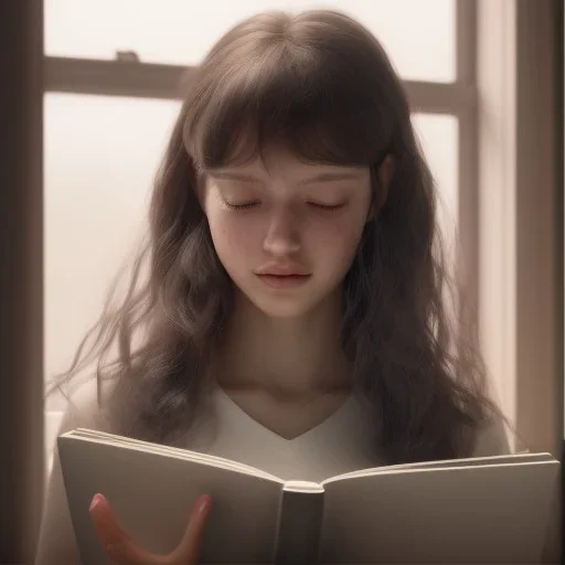 Study girl, curl hair read a book in by the window, ultra detail, real photo realistic, unreal engine, cinematic lighting --ar 1:1 creative