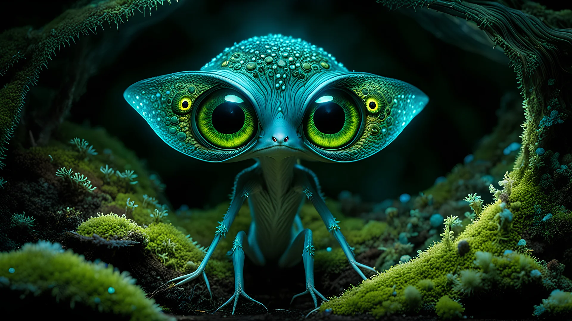 A mesmerizing, full-body illustration of a delicate, translucent, nocturnal alien, large eyes having illuminated slit pupils, its body adorned with bioluminescent spores and lichens in a fungal fractal pattern, in a dark, wet cave, dimly lit by the glow of phosphorescent moss and fungi, bringing to life the splendor of this amazing species in its pristine, extraterrestrial habitat, misty, raining, wet, glossy, ultra-detailed, intricated details, cinematic alien background, fungal art, earth art,