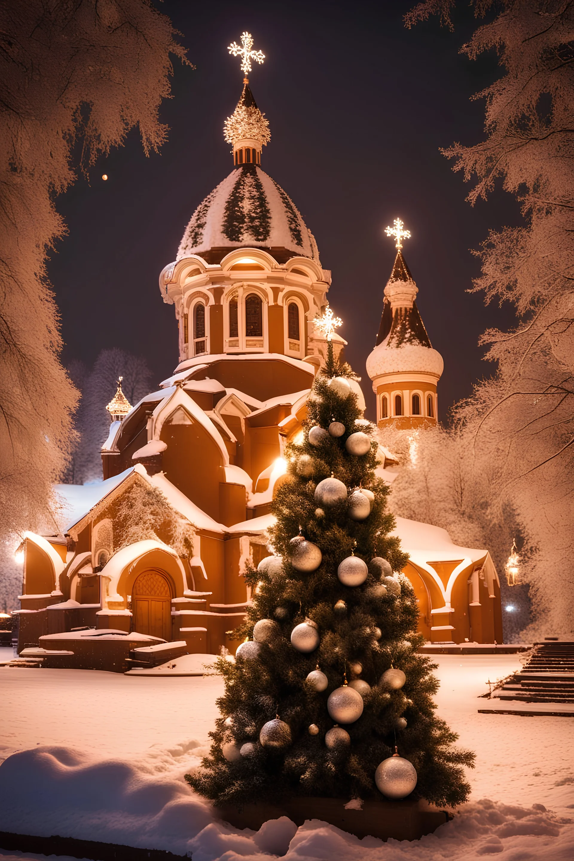 magical Christmas tree with balls and garland in the snow against the backdrop of an Orthodox church at night in winter