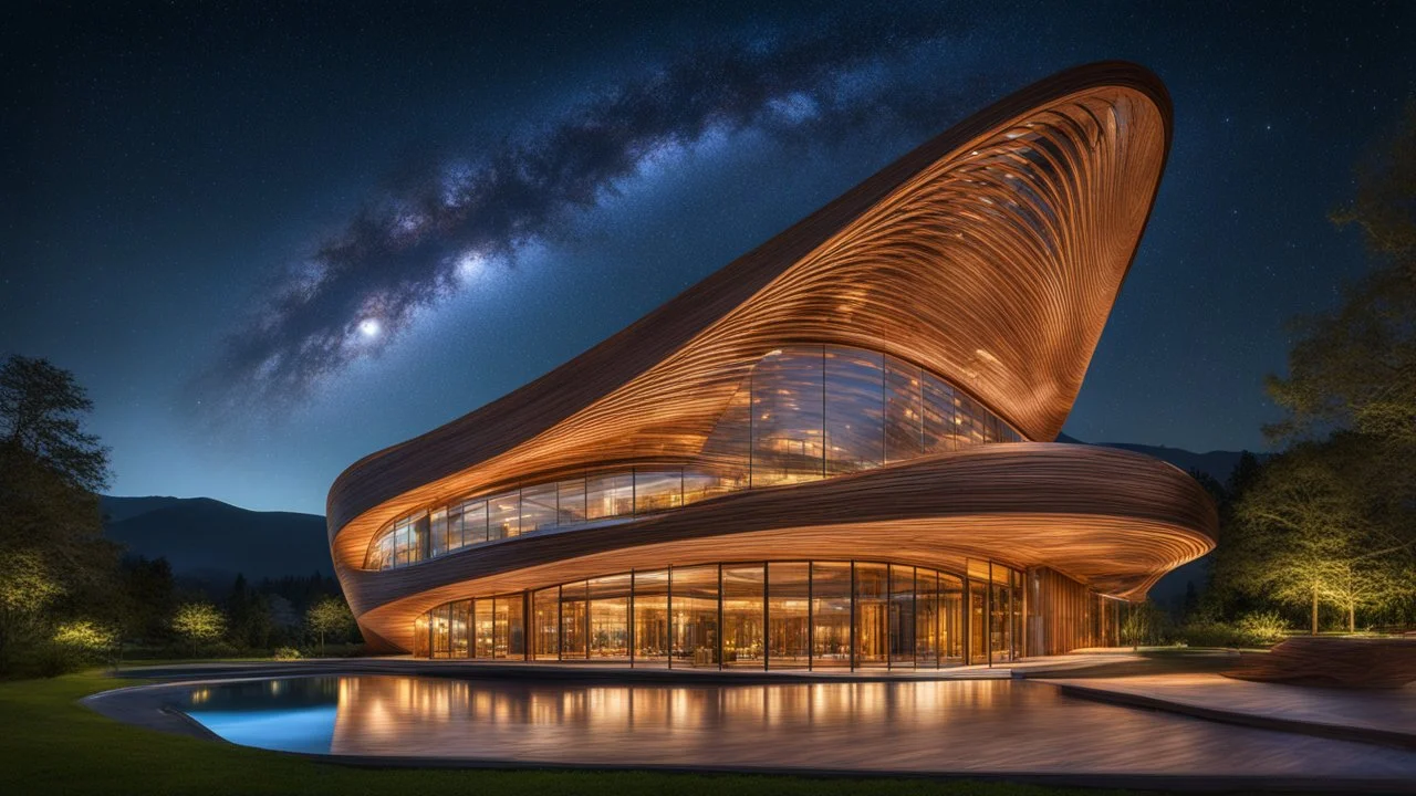 Inspirador y hermoso edificio ultramoderno de madera entretejido basado en formas de parábola, hélice y onda sinusoidal, con grandes ventanales, arquitectura artística e increíble, ubicación rural, noche, estrellas, luz de luna, luciérnagas, montañas distantes, lago, luz natural suave y perfecta, extremadamente detallada , fotografía premiada, hermosa composición, 16k, HDR, alta calidad, enfoque nítido, fotografía de estudio, obra maestra