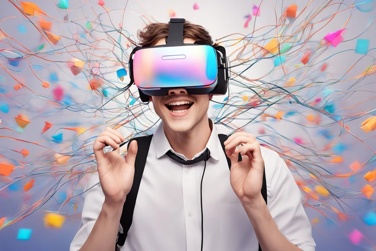 الصورة تعرض شابًا يرتدي نظارات الواقع الافتراضي وهو يستمتع بتجربة واقع افتراضي مذهلة. يظهر وجهه المبتسم وتعابير الدهشة في عينيه واضحة، حيث يبدو وكأنه مغمور في عالم ثلاثي الأبعاد مليء بالألوان والتفاصيل. تتدفق الأسلاك من النظارات على جانبي وجهه، مما يُظهر التفاصيل التكنولوجية المذهلة للجهاز. خلفه، يمكن رؤية أشكال هندسية ثلاثية الأبعاد وصور مجردة تطفو في الهواء، مما يعكس تجربة فريدة وغامرة للواقع الافتراضي. يتواجد شعار "مستقبل الواقع الافتراضي" بالزاوية السفلى اليمنى للصورة، يضفي لمسة إضافية من ال
