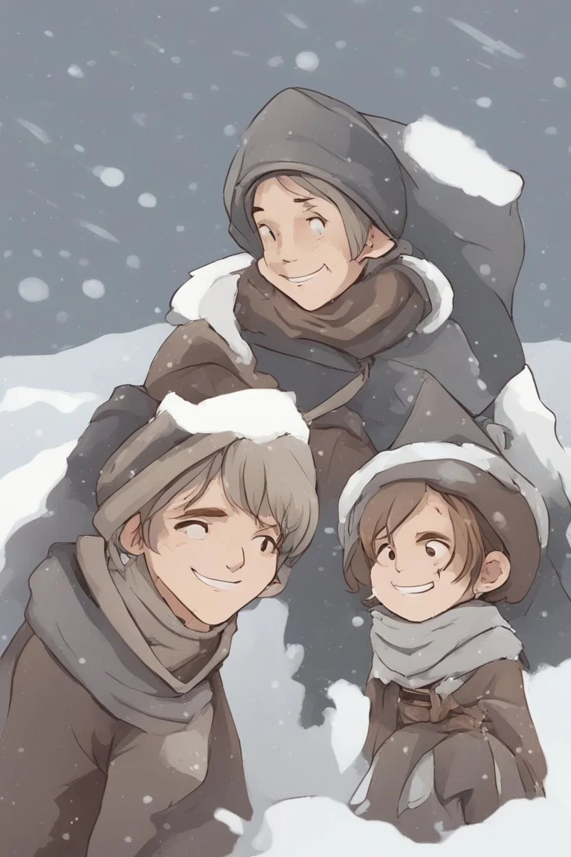 DnD style, two medieval peasant kids playing in the snow male and female, age 14 and 15, happy and playful