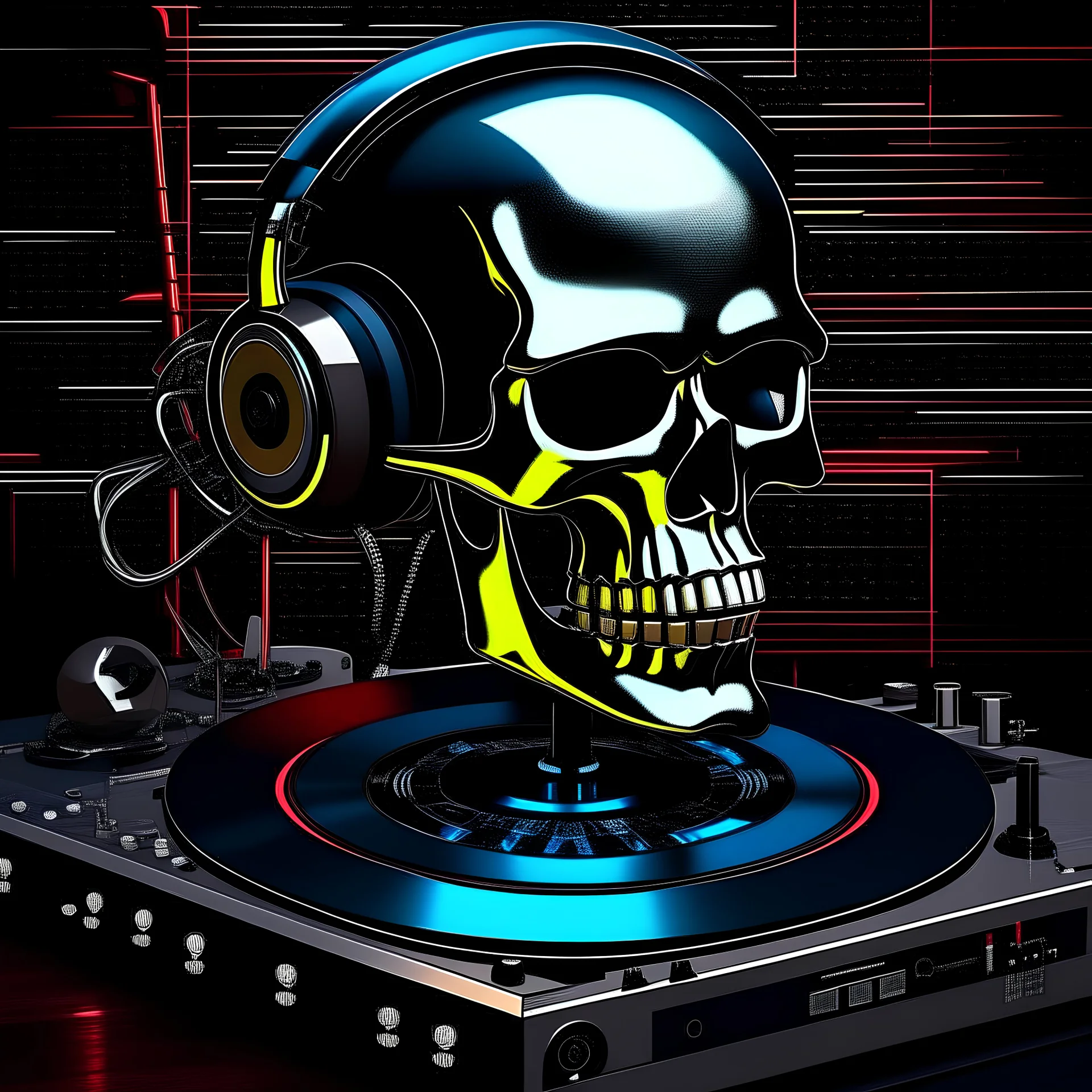 illudtrstion of android DJ plaing vinyls skull face whit meccanical part