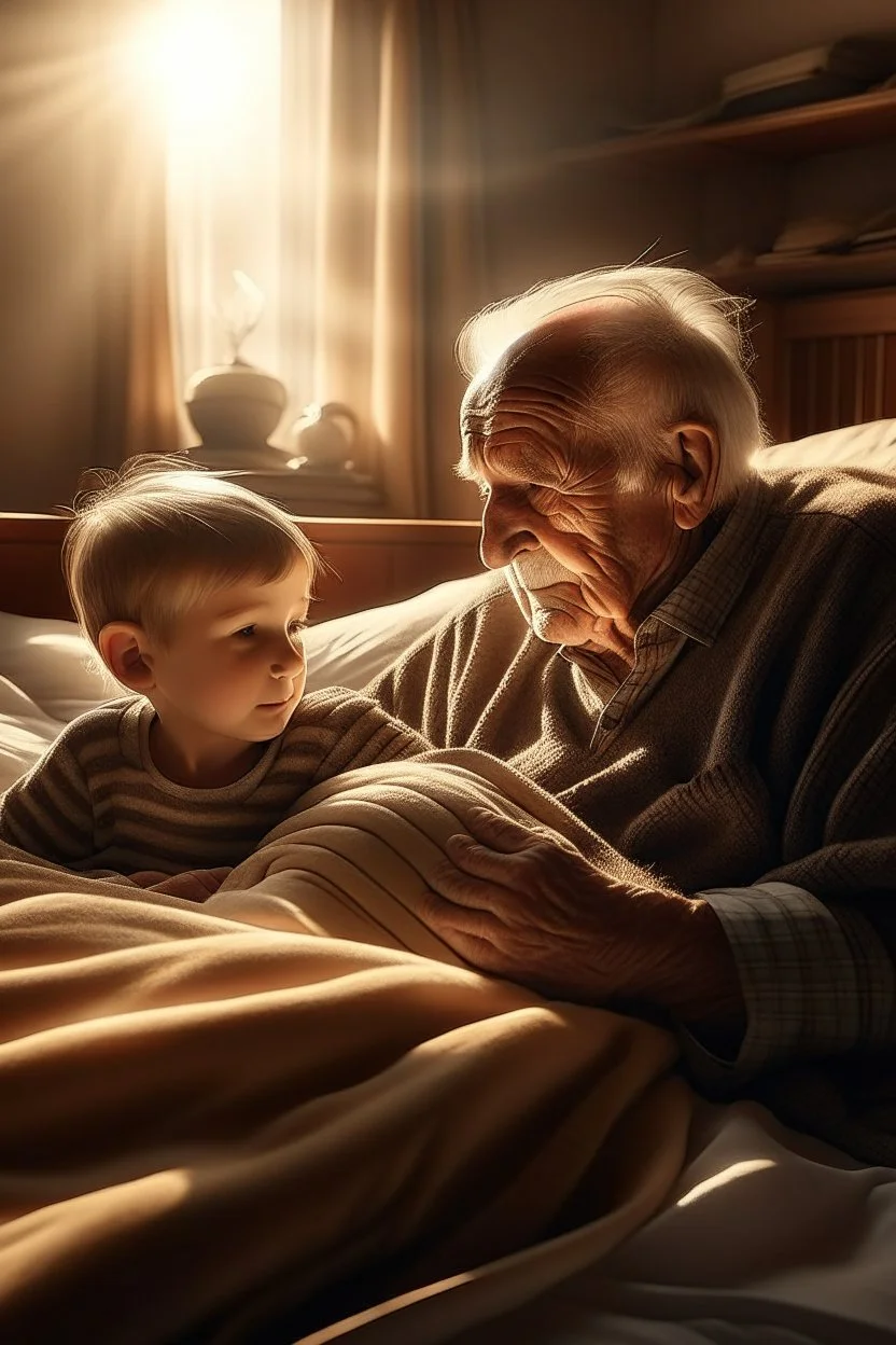 A warm and cozy scene where a doting grandfather shares a bed with his enthusiastic grandson, their faces relaxed in the glow of a comforting morning sun