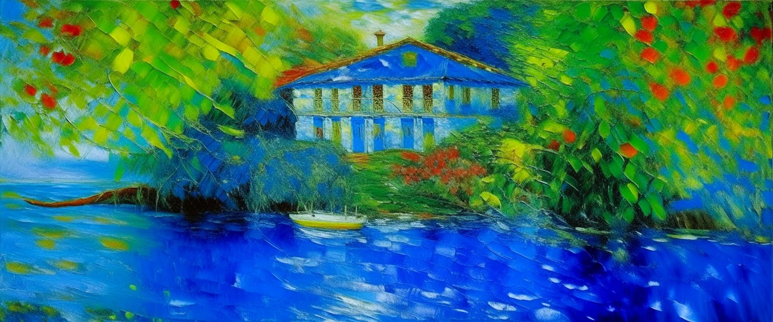 A blue resort on a splashing island painted by Claude Monet