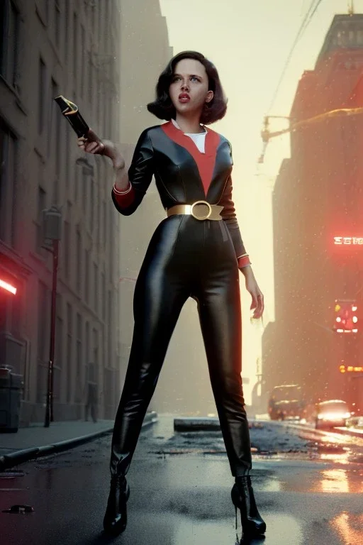 retro portrait image from 1960, New York explosion, long hair, young Scarlett Johansson, classic black tight lycra suit, gold bracelet and belt, high heel boots, soft color, highly detailed, unreal engine 5, ray tracing, RTX, lumen lighting, ultra detail, volumetric lighting, 3d, finely drawn, high definition, high resolution.