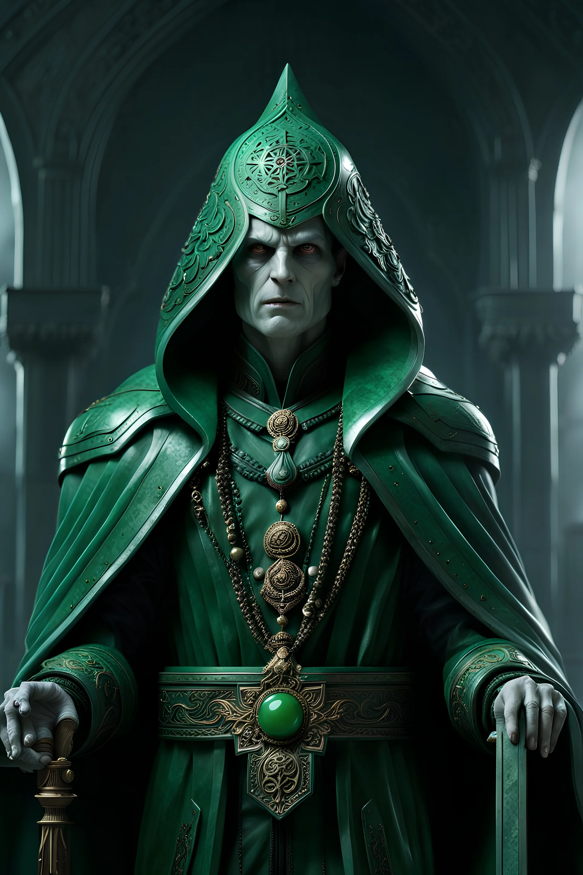 highly detailed marble and jade sculpture of a male necromancer, full body shot, stunning face, no hands, volumetric fog, Hyperrealism, breathtaking, ultra realistic, unreal engine, ultra detailed, cyber background, Hyperrealism, cinematic lighting, highly detailed, breathtaking, stunning environment