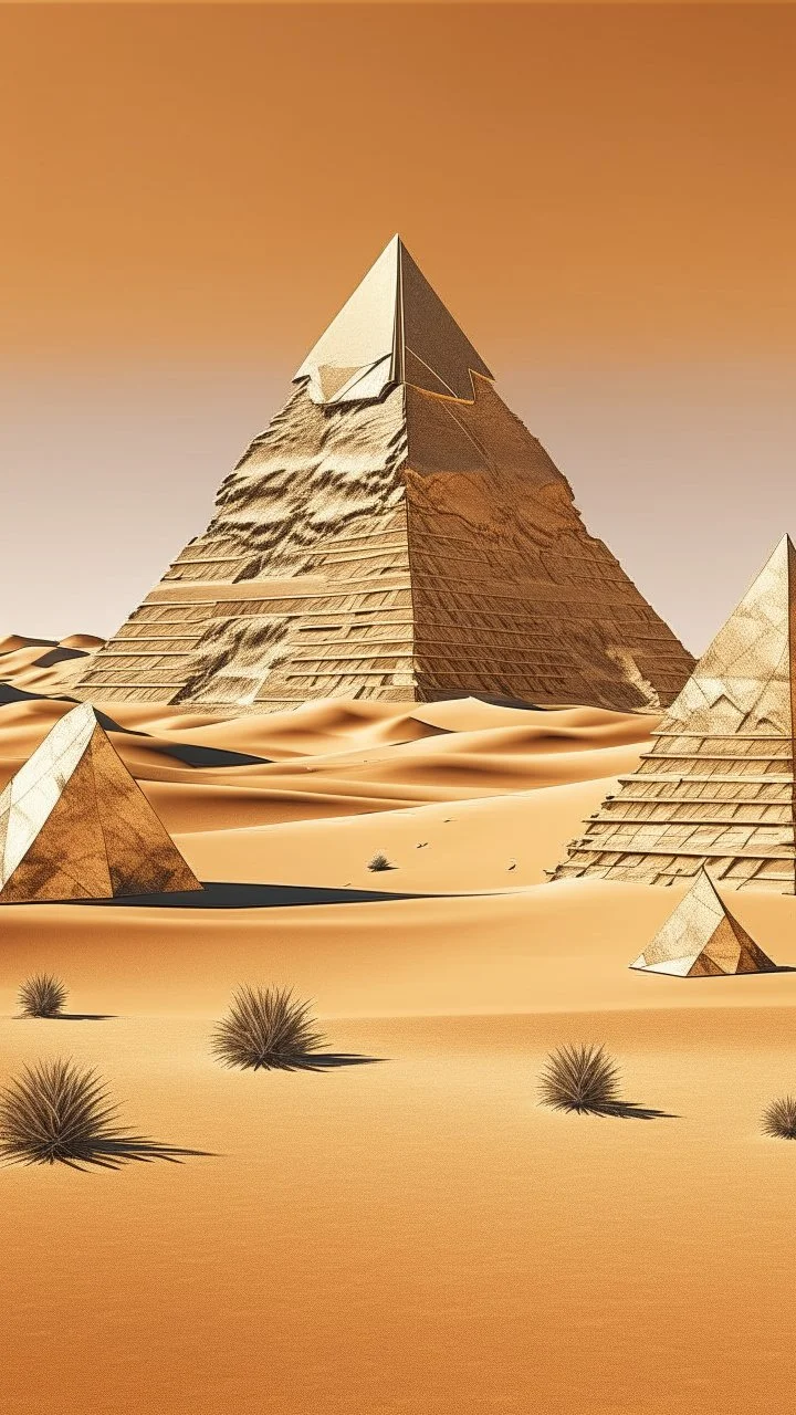 A beige desert with shiny pyramids painted by Andy Warhol