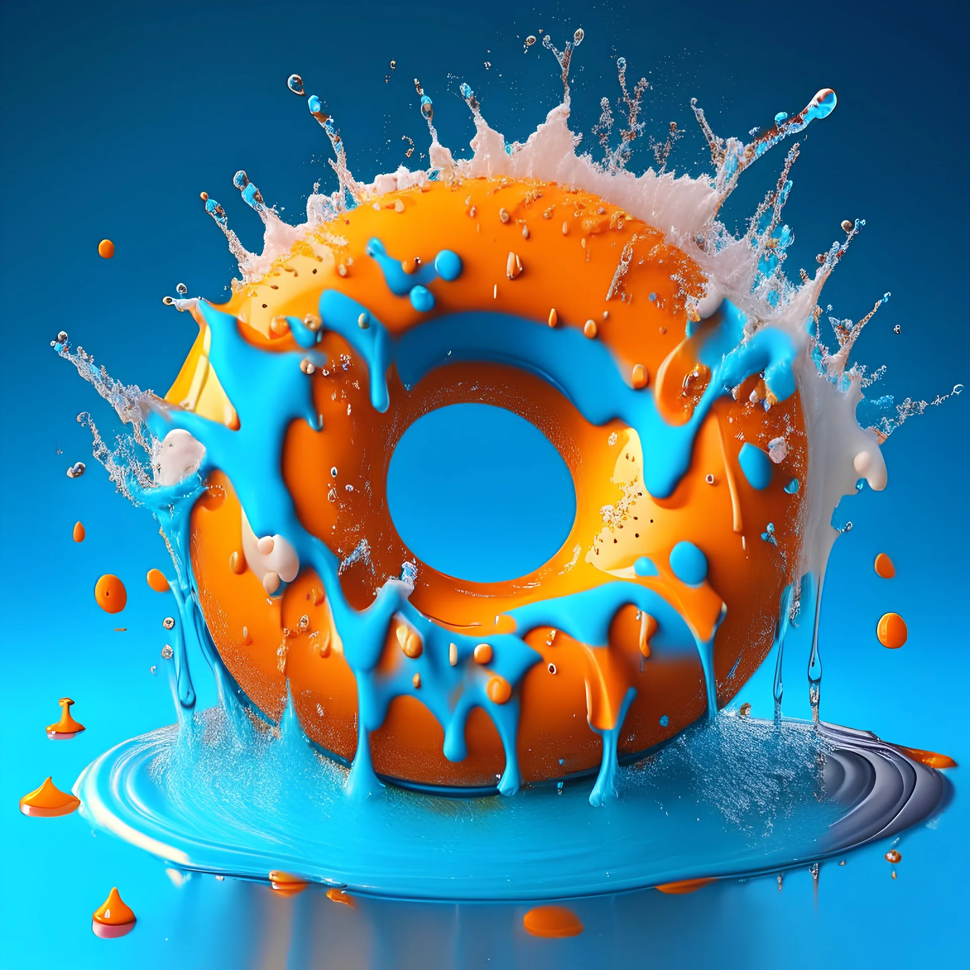 3d clay style, water splashing, liquid effect, blue colours, dominating the wave, fully orange donut in the middle, splashes around