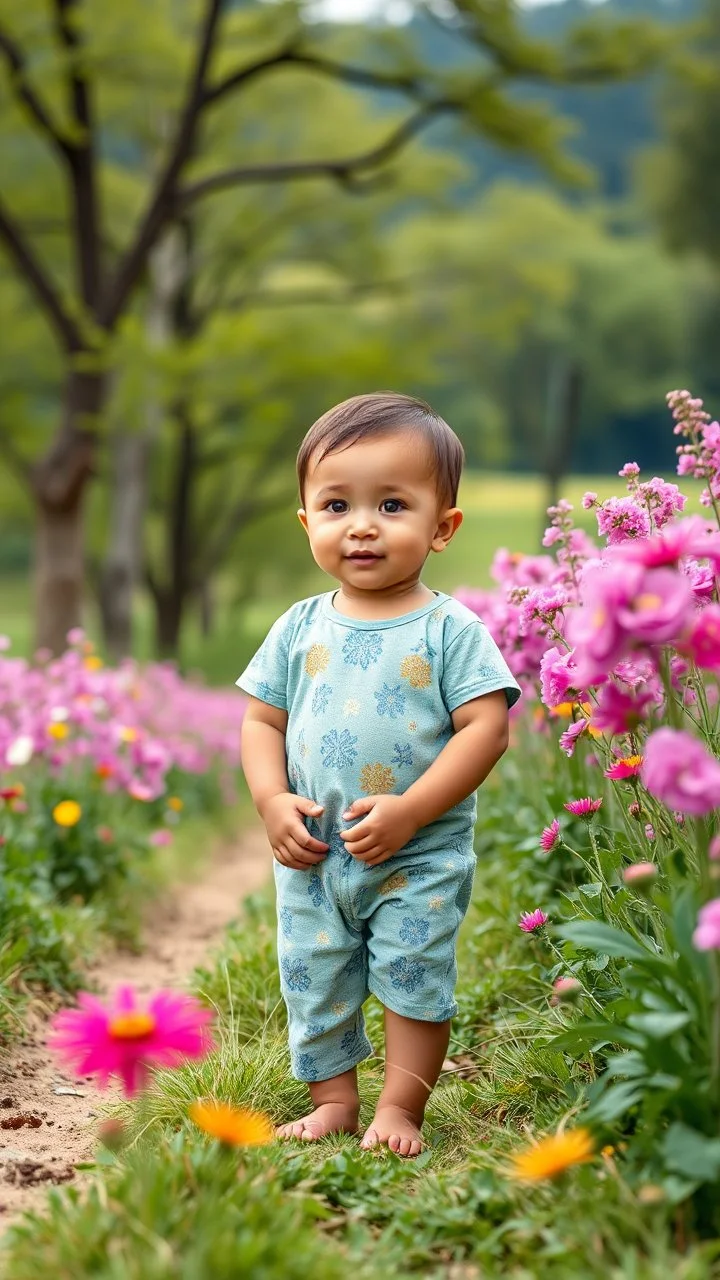 cartonish child babay,standing in country side with flowers,trees.