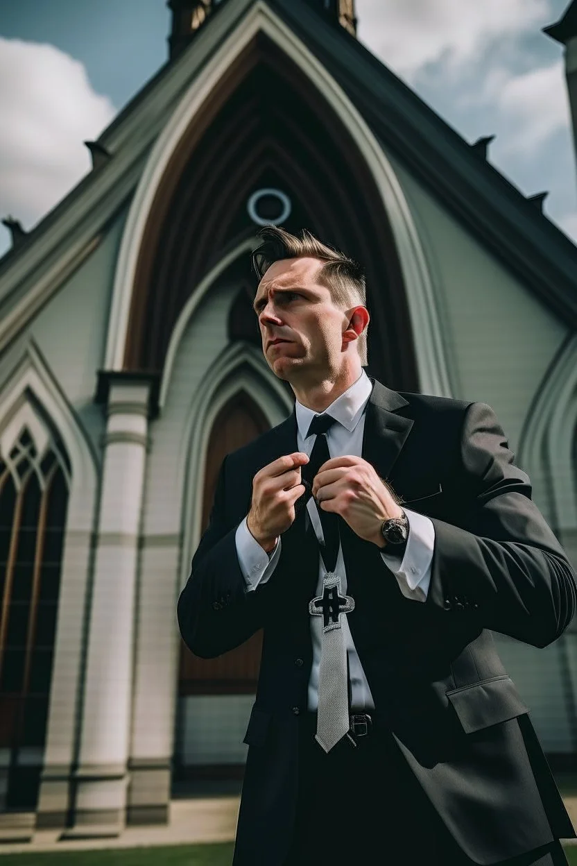 man dressed in church dress clothes ripping open his dress shirt in front of a church