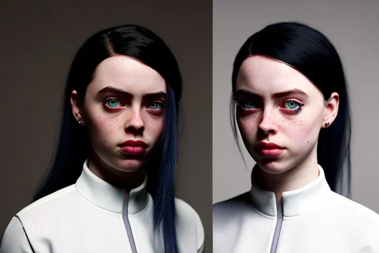 Billie Eilish, full body, on the bed, in my underwear, pale skin, high detail, realistic, 16k, not to be distinguished from a photo, identical pupils