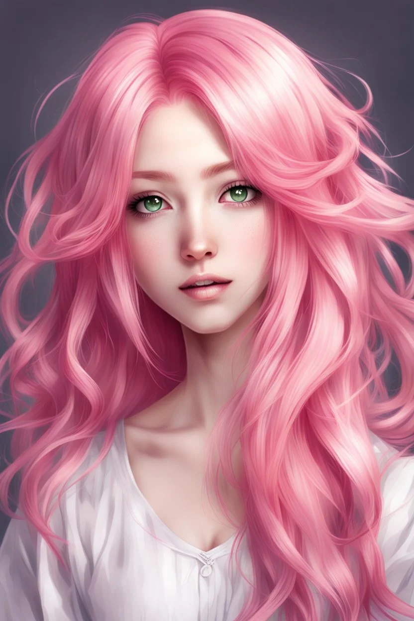 beautiful young woman with long pink hair style anime