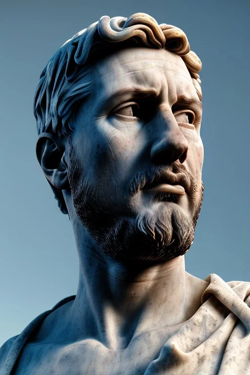 Ultra Realistic image, classical renaissance sculpture, marble material, Lionel Messi, emperor style, chisel style, waist up portrait, epic, celestial, cinematic lighting, God light, god rays, 4k resolution, smooth details, ornate details, soft lighting, unreal engine 5, sky background.