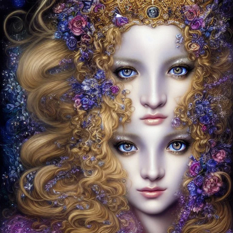 Portrait of a sensual Goddess: Black eyes like diamonds sparkling. Long Blonde hair. Incredibly detailed 8K resolution HDR photograph of a hyper detailed photorealistic by Brian Froud and Josephine Wall, album cover art, imagination, upscaled, sharp focus, space-