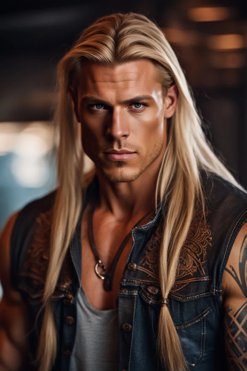 stunningly handsome viking, muscular, long blonde hair, male age 30, wearing jeans and a shirt, tan skin, tattoos,photorealistic 4k