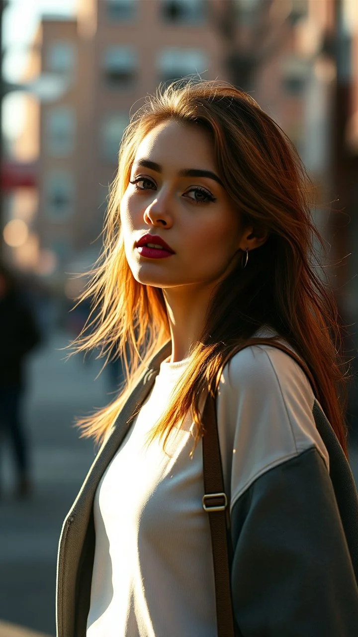 Create an ultra-realistic cinematic 8K fullbody of the person in this photo. Keep the face — same facial features, skin texture, add makeup,pretty short boots. Style: fashion editorial, confident pose. Lighting: warm golden hour sunlight, soft rim light. Background: softly blurred urban bokeh. Camera look: shallow depth of field, film grain, cinematic color grade. Outfit: keep similar to the original or elevate slightly with premium casual style.