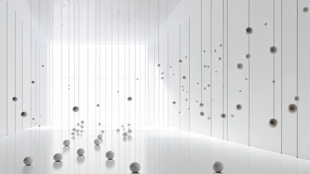 A minimalist white gallery with floating spheres made of ants, constantly shifting to create moving patterns.