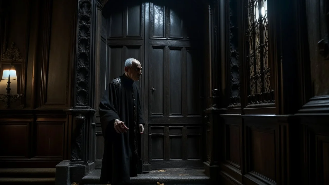 A dark, iron door creaks open in a haunted mansion on a stormy autumn night, an elderly Hispanic priest in black cassock peers inside, rain lashing against the walls.